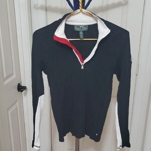 Ralph Lauren Black Quarter-Zip Pullover with White Sleeves and Red Collar Trim